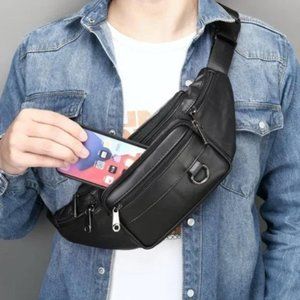 NEW GENUINE Leather Fanny Pack Black Belt Bag Chest Bag